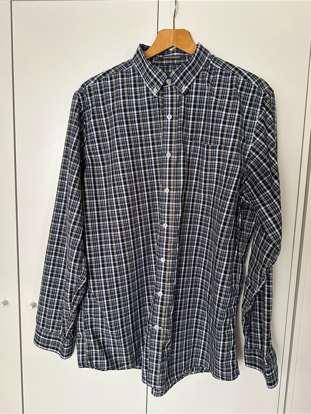 Men's Navy and White Plaid Button-Down Shirt by Eddie Bauer